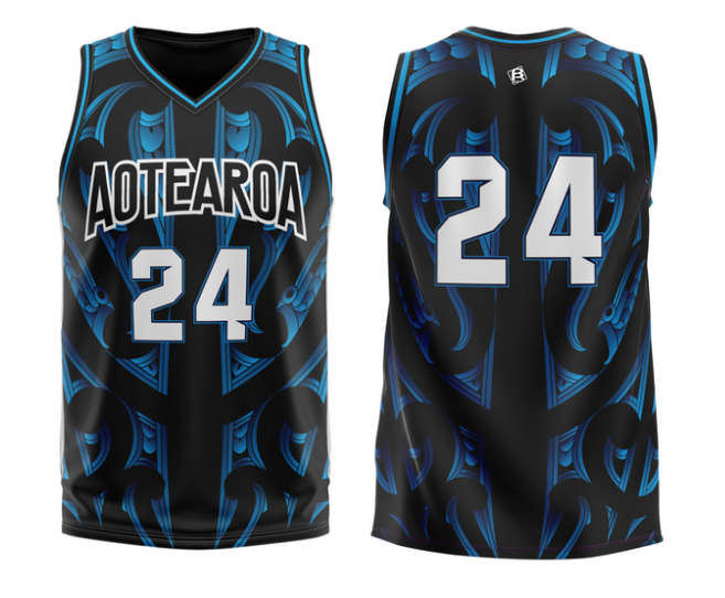 Aotearoa 2024 Sublimated Basketball Singlet Black / Blue