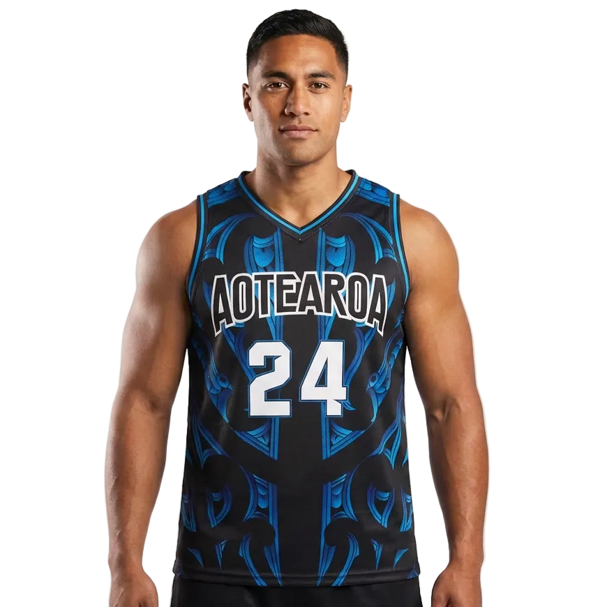 Aotearoa Blue / Black Singlet Custom Name and Number