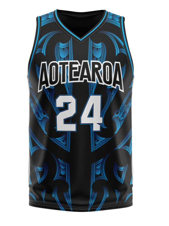 Custom Name and Number Aotearoa 2024 Sublimated Basketball Singlet Black / Blue