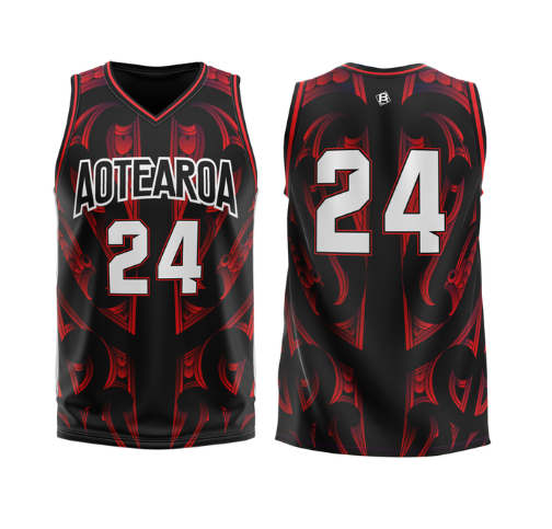 Custom Name and Number Aotearoa 2024 Sublimated Basketball Singlet Black / Red